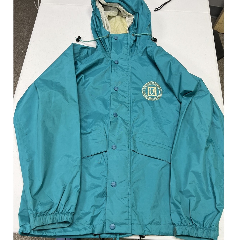 LL Bean Rain Jacket Mens M Teal Blue Vintage Hooded Windbreaker Southern Ortho